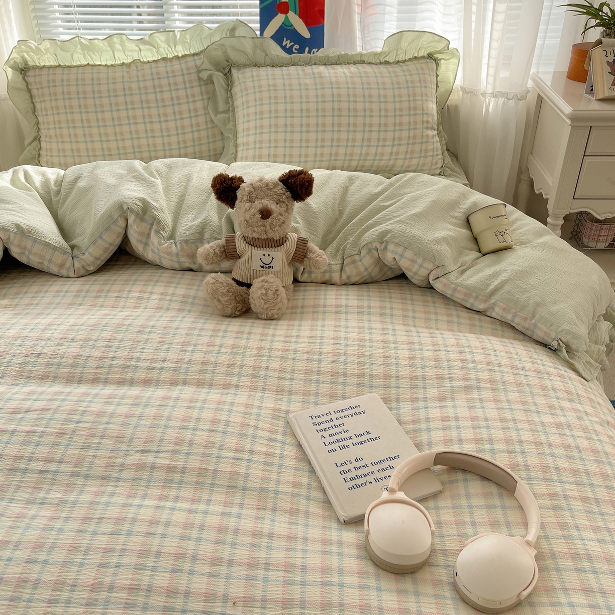 91家纺网 家纺一手货源 找家纺 韩都家居 2026新款云感双层纱床盖四件套 叶语格