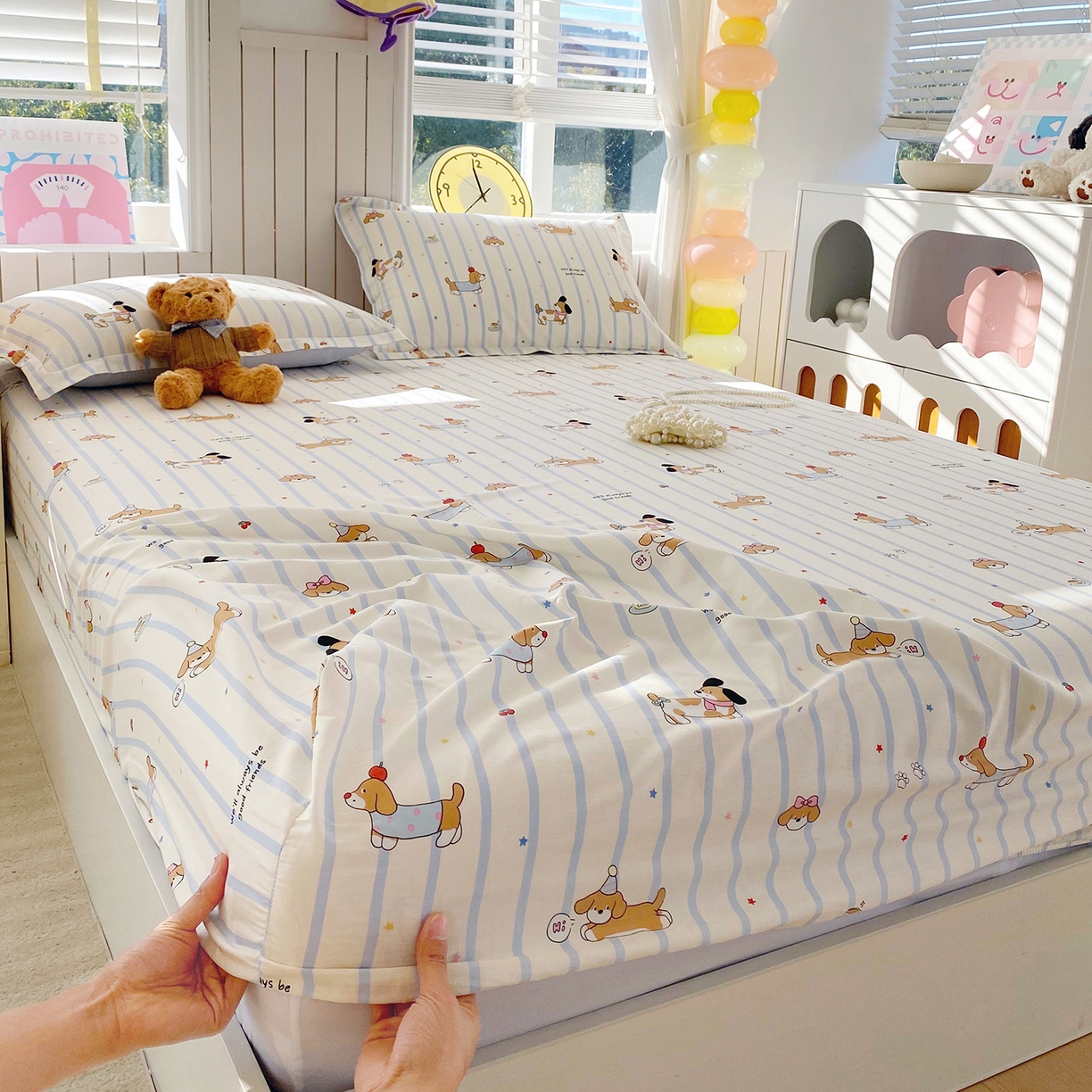 91家纺网 家纺一手货源 找家纺 金丝兔 2026新款纯棉印花单品床笠系列 条纹小狗