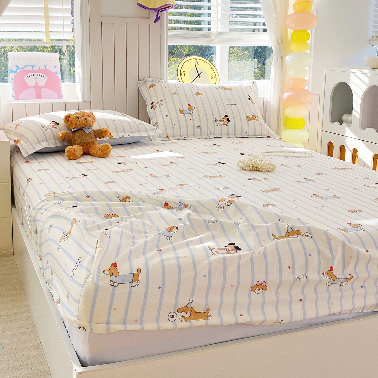 91家纺网 家纺一手货源 找家纺 金丝兔 2026新款纯棉印花单品床笠系列 条纹小狗