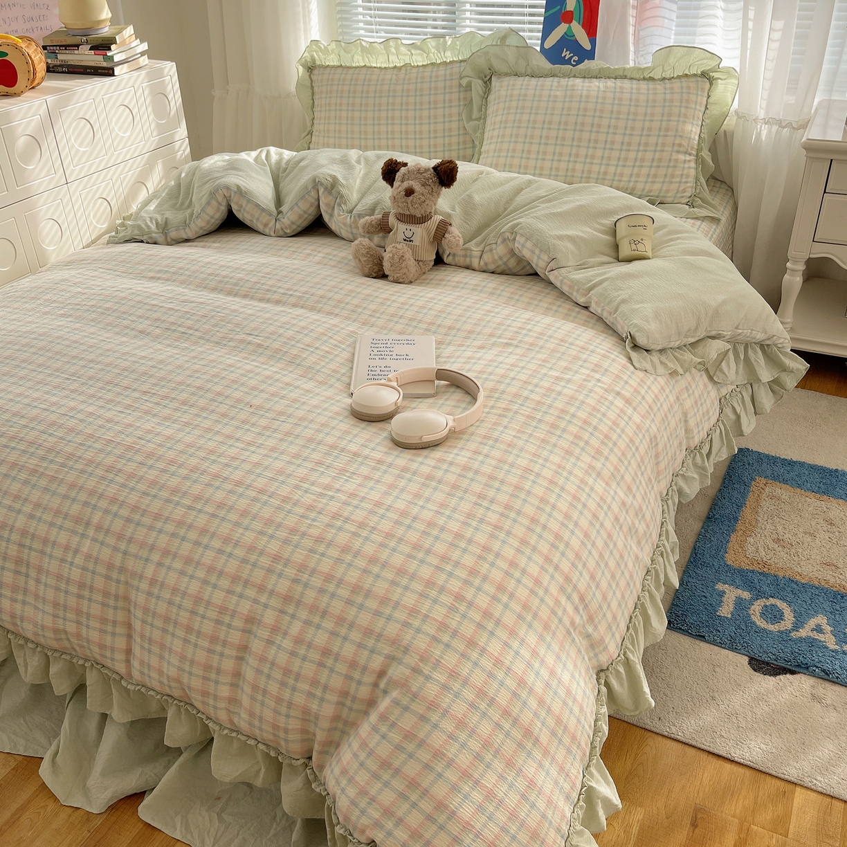 91家纺网 家纺一手货源 找家纺 韩都家居 2026新款云感双层纱床盖四件套 叶语格