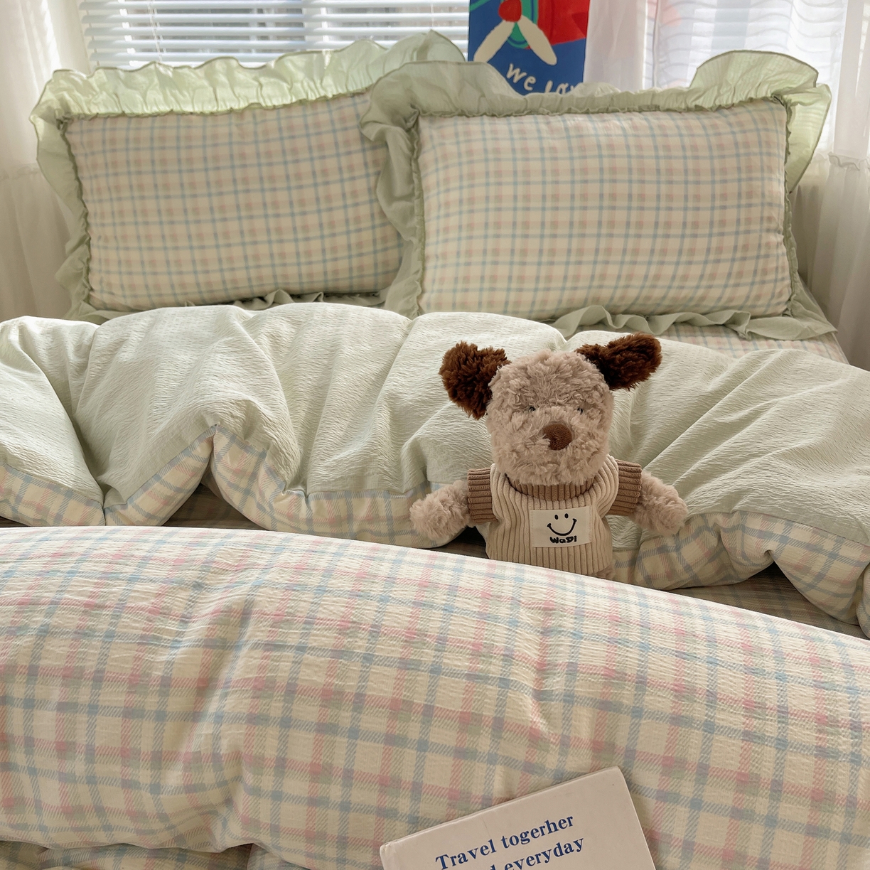 91家纺网 家纺一手货源 找家纺 韩都家居 2026新款云感双层纱床盖四件套 叶语格