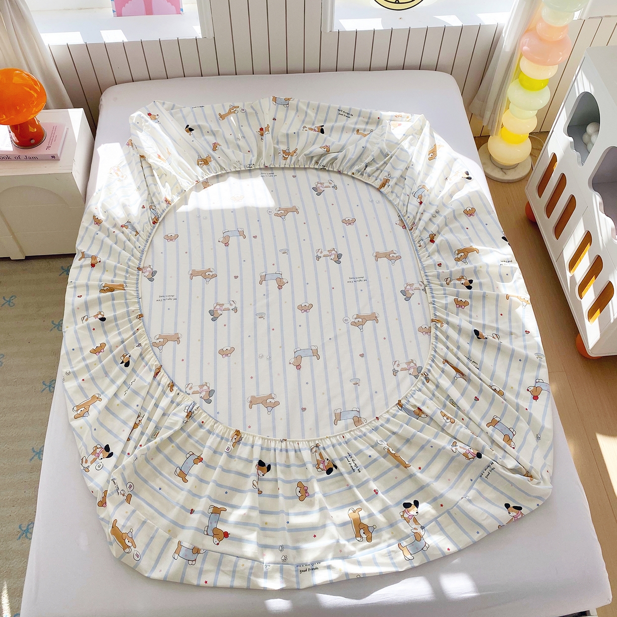 91家纺网 家纺一手货源 找家纺 金丝兔 2026新款纯棉印花单品床笠系列 条纹小狗