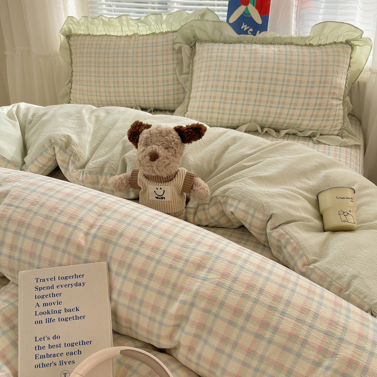 91家纺网 家纺一手货源 找家纺 韩都家居 2026新款云感双层纱床盖四件套 叶语格