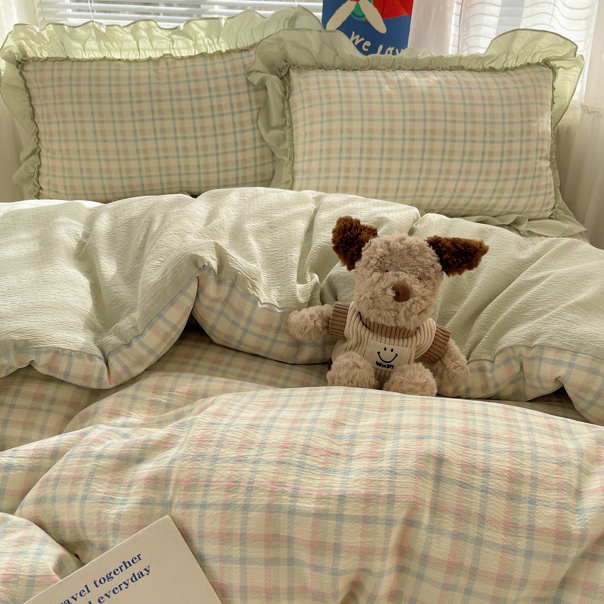 91家纺网 家纺一手货源 找家纺 韩都家居 2026新款云感双层纱床盖四件套 叶语格