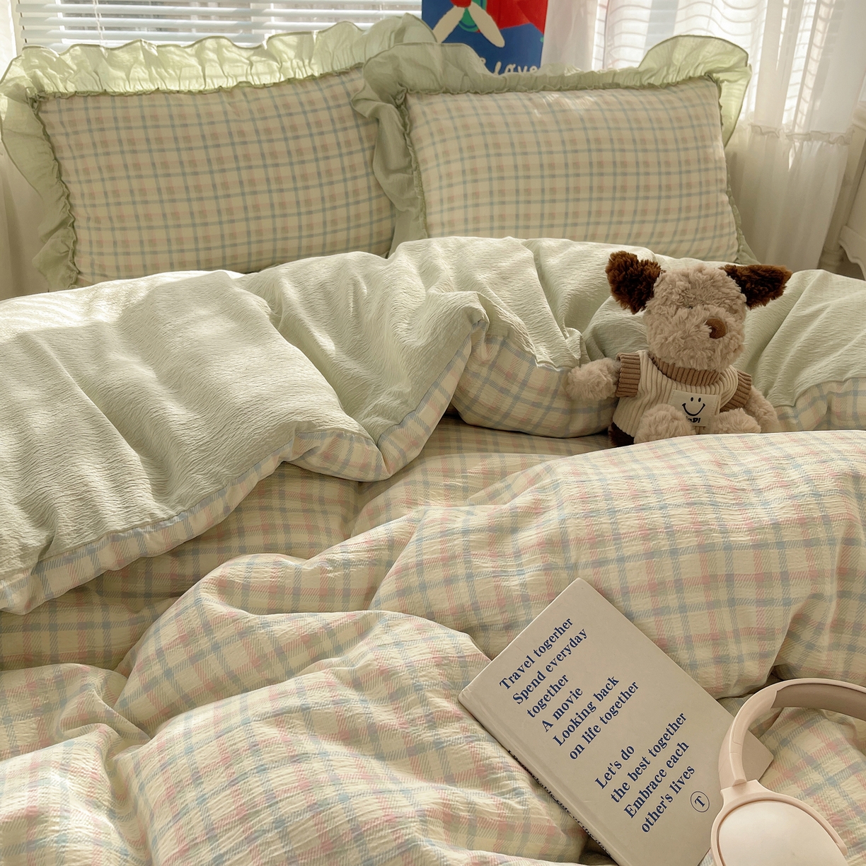 91家纺网 家纺一手货源 找家纺 韩都家居 2026新款云感双层纱床盖四件套 叶语格