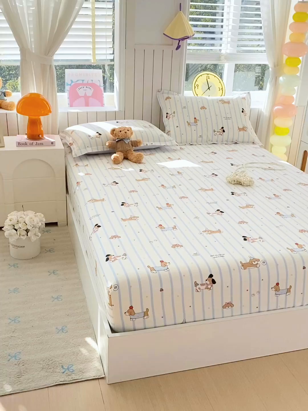 91家纺网 家纺一手货源 找家纺 金丝兔 2026新款纯棉印花单品床笠系列 条纹小狗