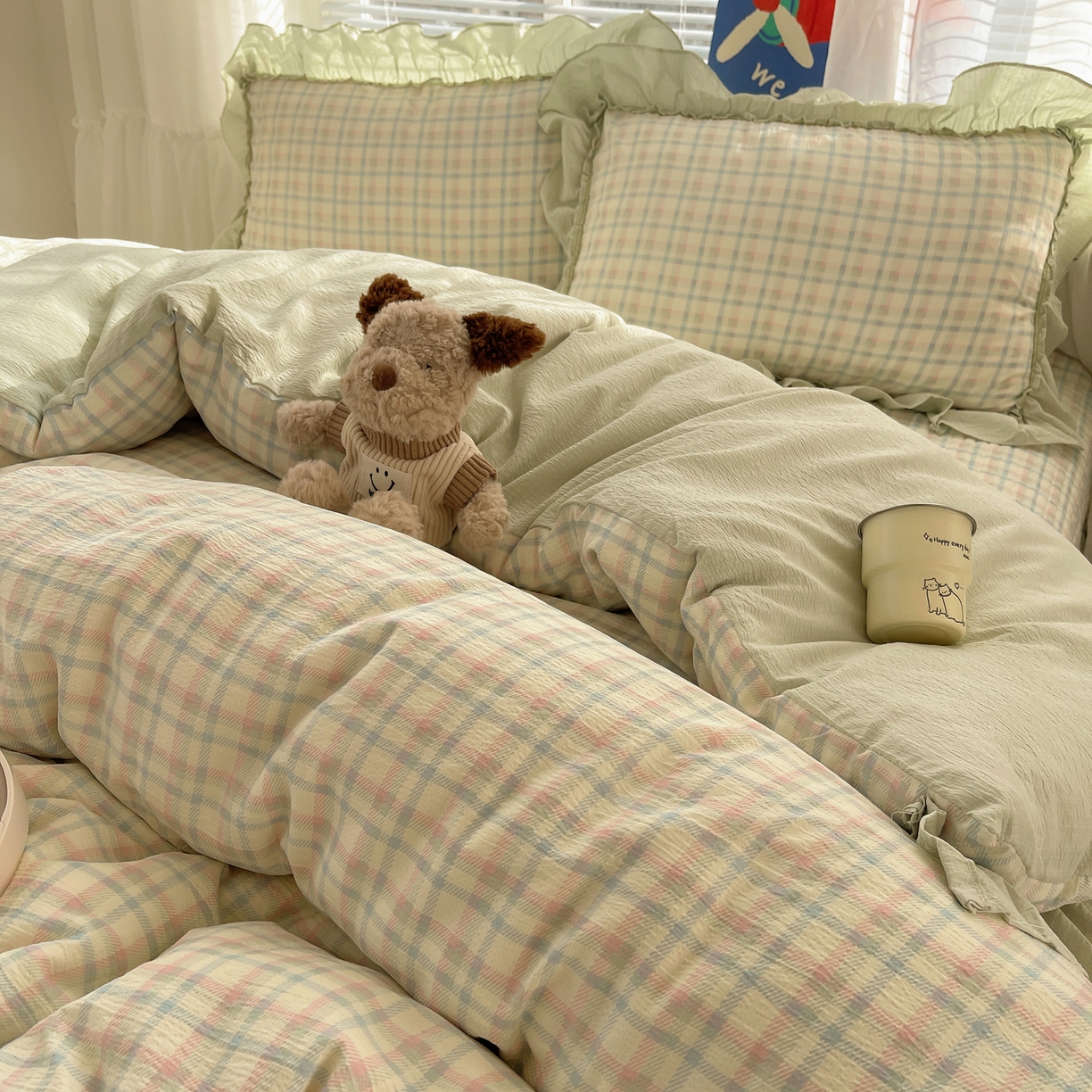 91家纺网 家纺一手货源 找家纺 韩都家居 2026新款云感双层纱床盖四件套 叶语格