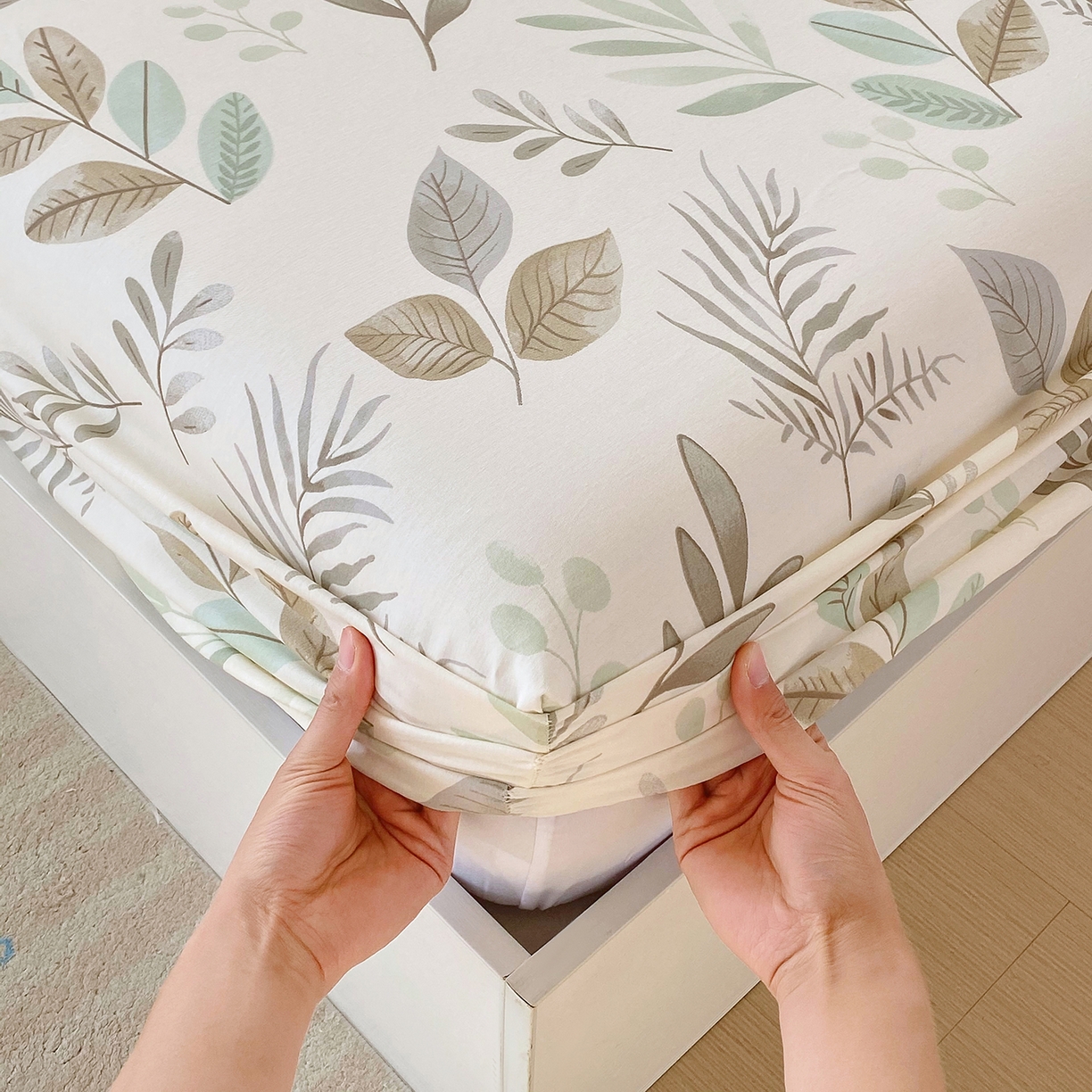 91家纺网 家纺一手货源 找家纺 金丝兔 2026新款纯棉印花单品床笠系列 叶语-绿