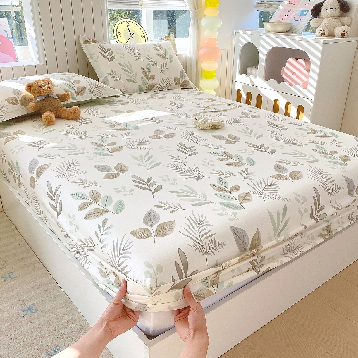 91家纺网 家纺一手货源 找家纺 金丝兔 2026新款纯棉印花单品床笠系列 叶语-绿