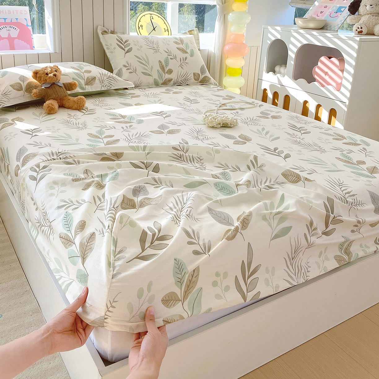 91家纺网 家纺一手货源 找家纺 金丝兔 2026新款纯棉印花单品床笠系列 叶语-绿