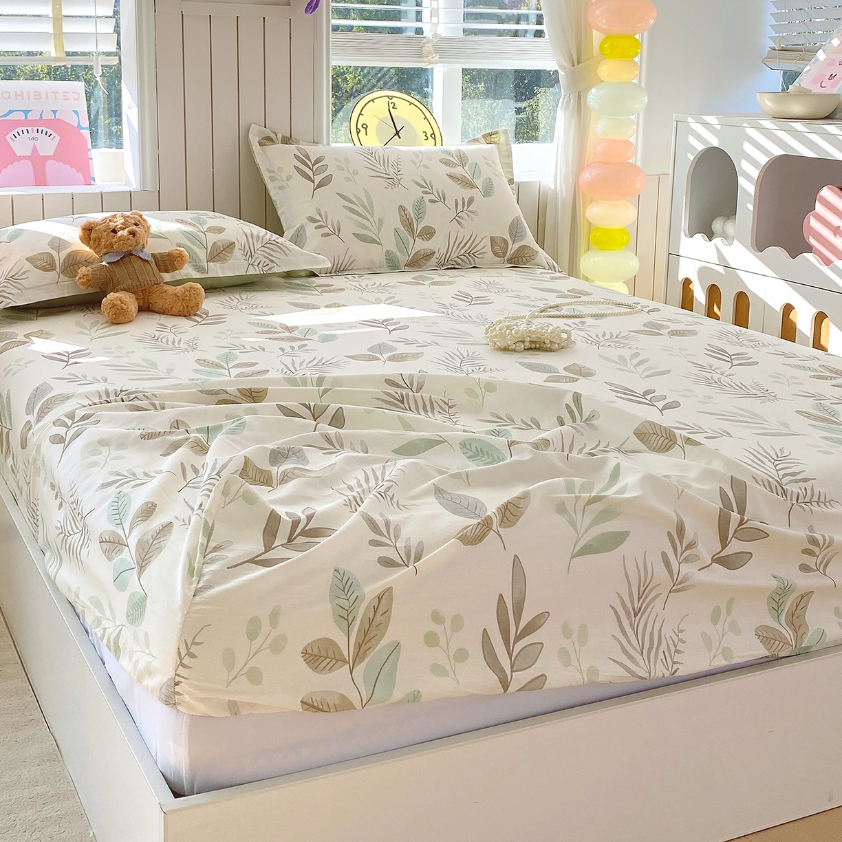 91家纺网 家纺一手货源 找家纺 金丝兔 2026新款纯棉印花单品床笠系列 叶语-绿