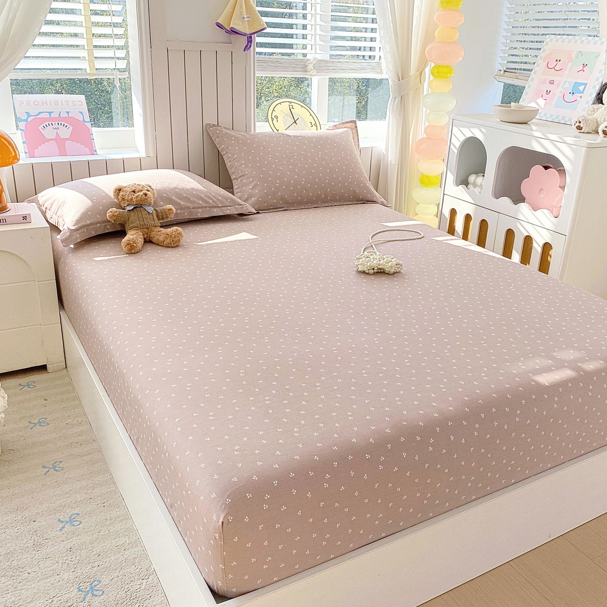 91家纺网 家纺一手货源 找家纺 金丝兔 2026新款纯棉印花单品床笠系列 樱桃-粉