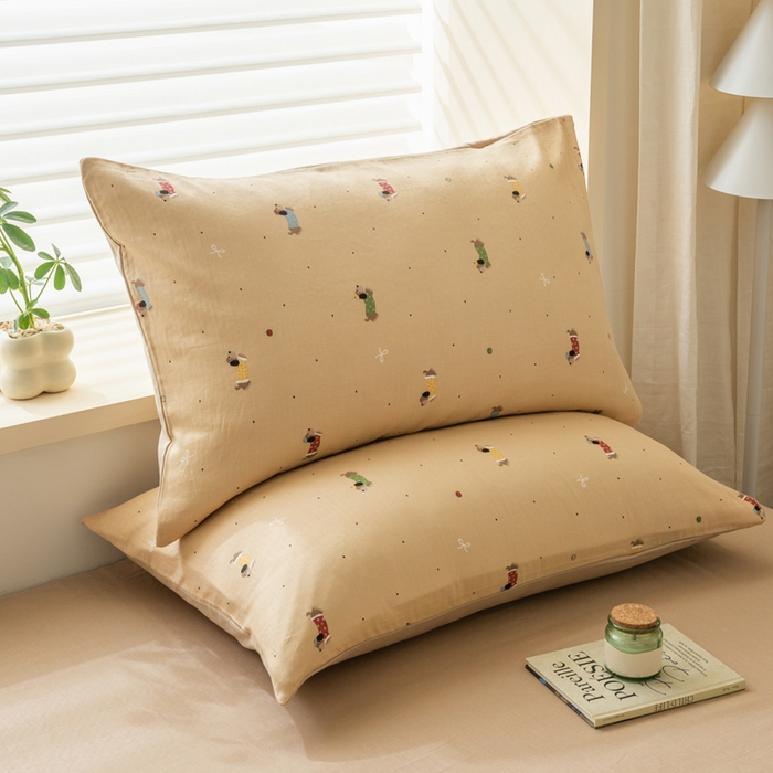 91家纺网 家纺一手货源 找家纺 雯雨家纺 2026新款A类全棉有氧双层纱单枕套 全棉双层纱枕套-皮皮狗