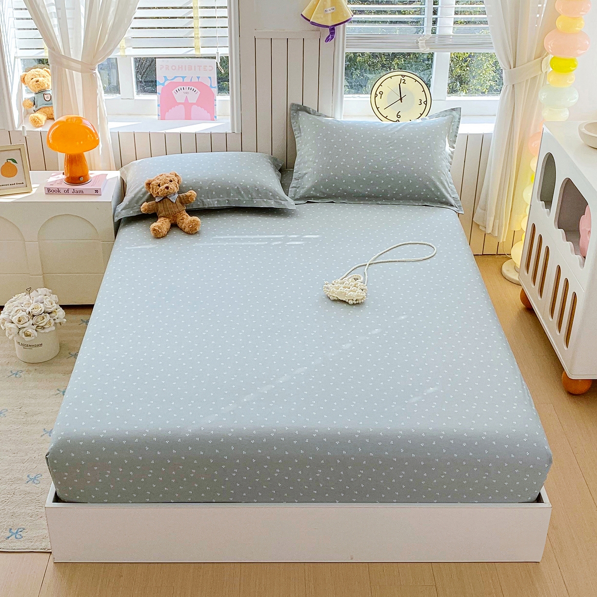 91家纺网 家纺一手货源 找家纺 金丝兔 2026新款纯棉印花单品床笠系列 樱桃-蓝