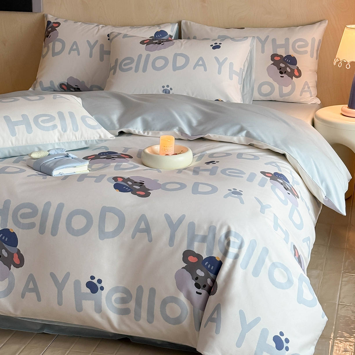 91家纺网 家纺一手货源 找家纺 卧趣家纺 2026新款纯棉四件套高级100Pro全棉贡缎卡通四件套 慕朵