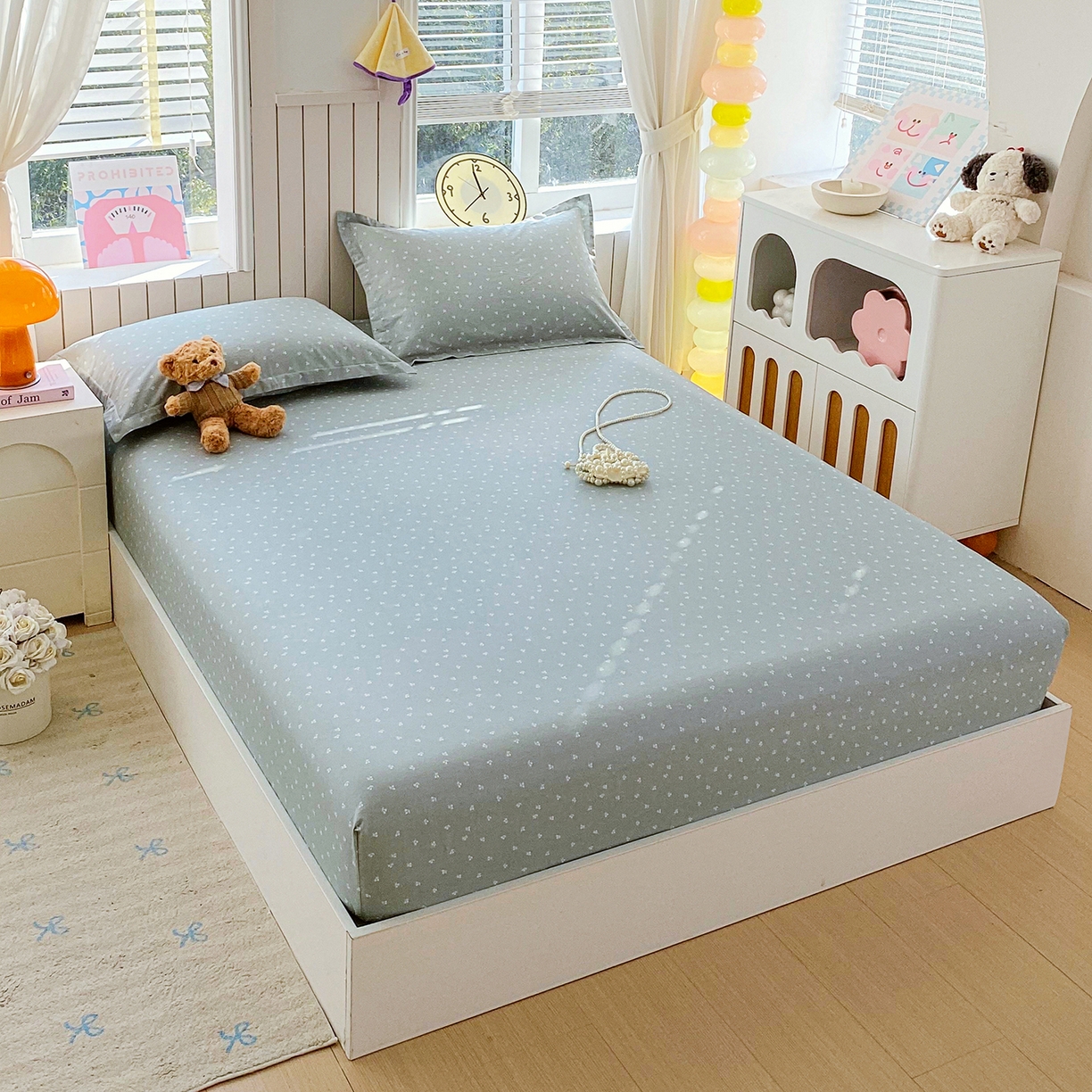 91家纺网 家纺一手货源 找家纺 金丝兔 2026新款纯棉印花单品床笠系列 樱桃-蓝