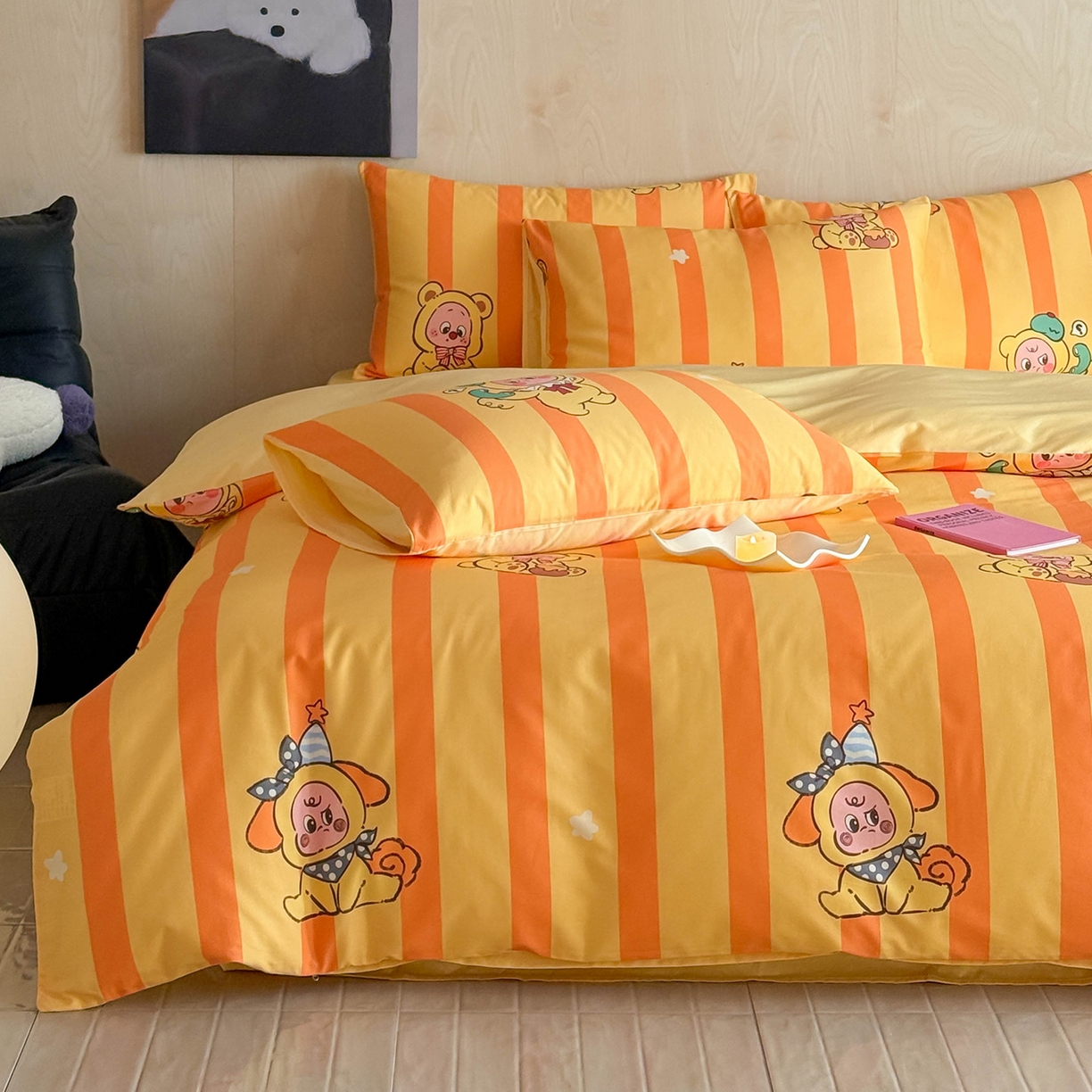 91家纺网 家纺一手货源 找家纺 卧趣家纺 2026新款纯棉四件套高级100Pro全棉贡缎卡通四件套 绵绵汪