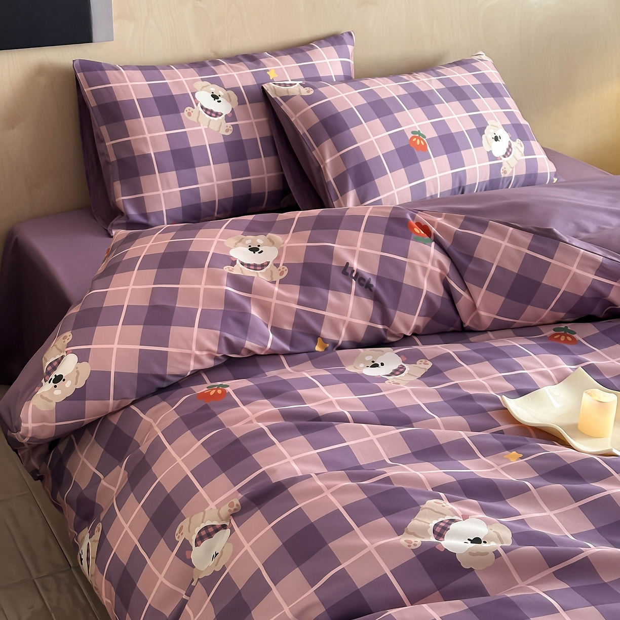 91家纺网 家纺一手货源 找家纺 卧趣家纺 2026新款纯棉四件套高级100Pro全棉贡缎卡通四件套 茶野