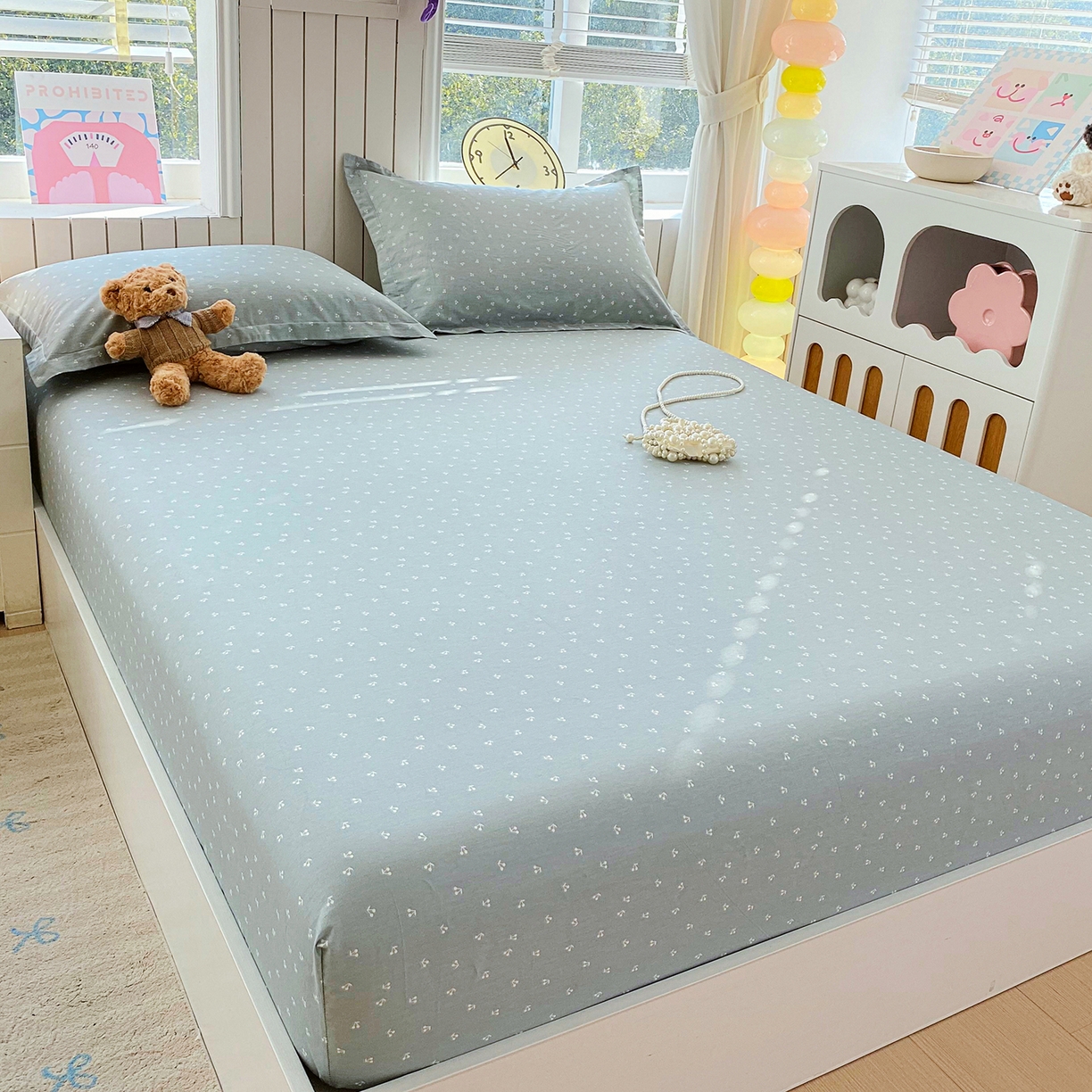 91家纺网 家纺一手货源 找家纺 金丝兔 2026新款纯棉印花单品床笠系列 樱桃-蓝