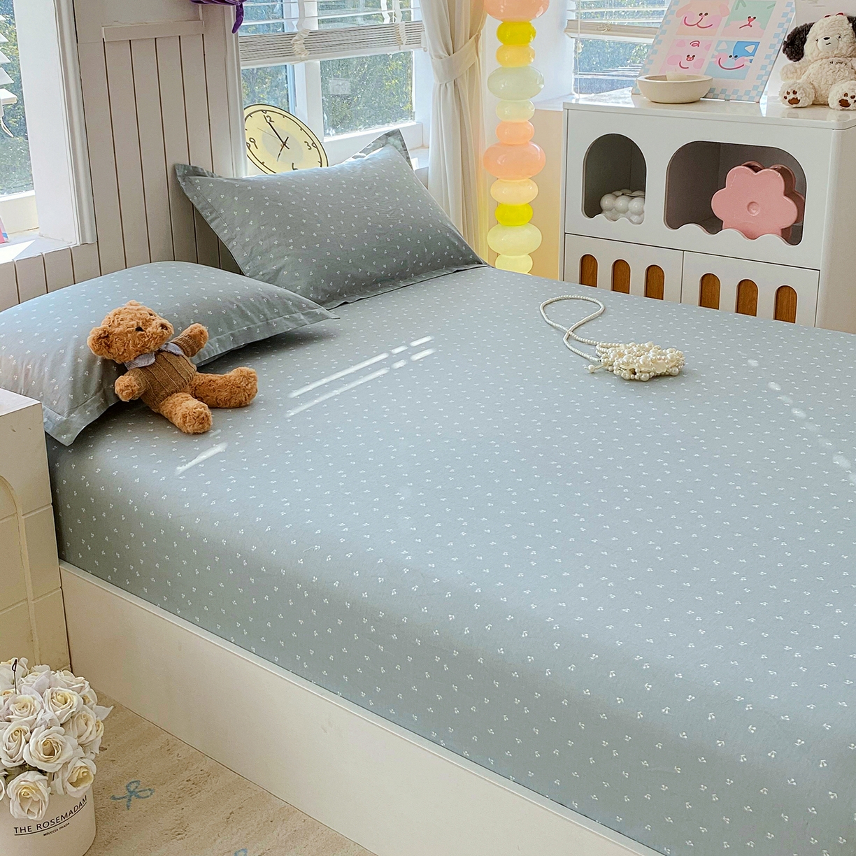 91家纺网 家纺一手货源 找家纺 金丝兔 2026新款纯棉印花单品床笠系列 樱桃-蓝