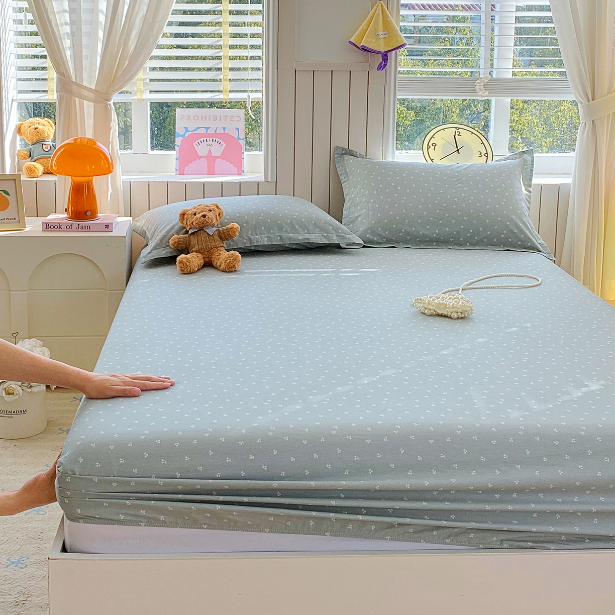 91家纺网 家纺一手货源 找家纺 金丝兔 2026新款纯棉印花单品床笠系列 樱桃-蓝