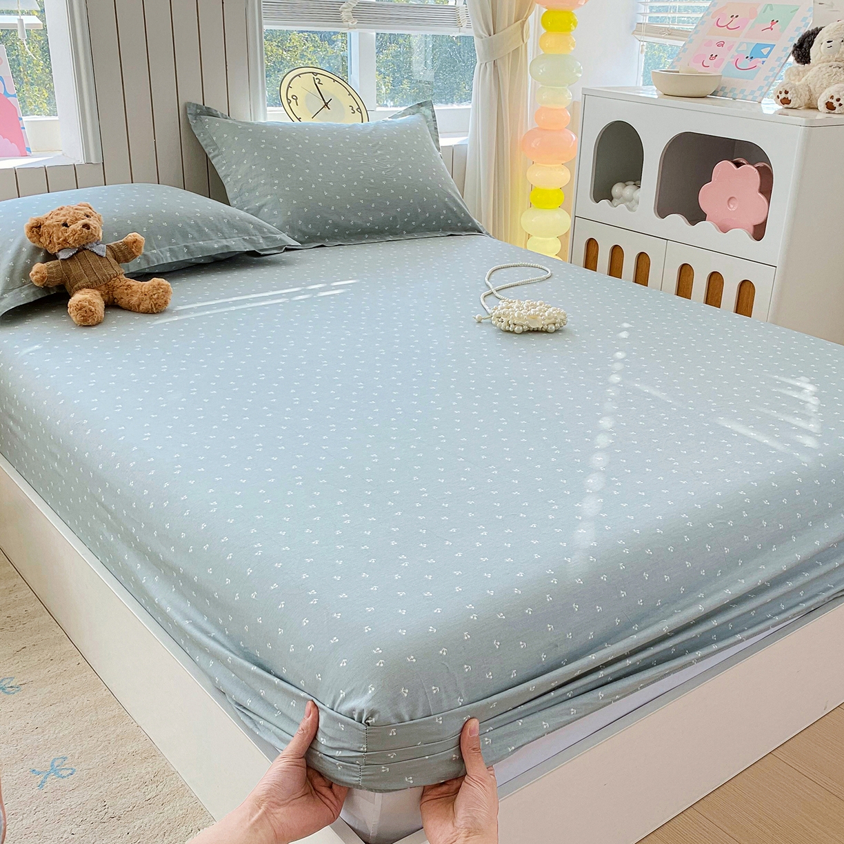 91家纺网 家纺一手货源 找家纺 金丝兔 2026新款纯棉印花单品床笠系列 樱桃-蓝