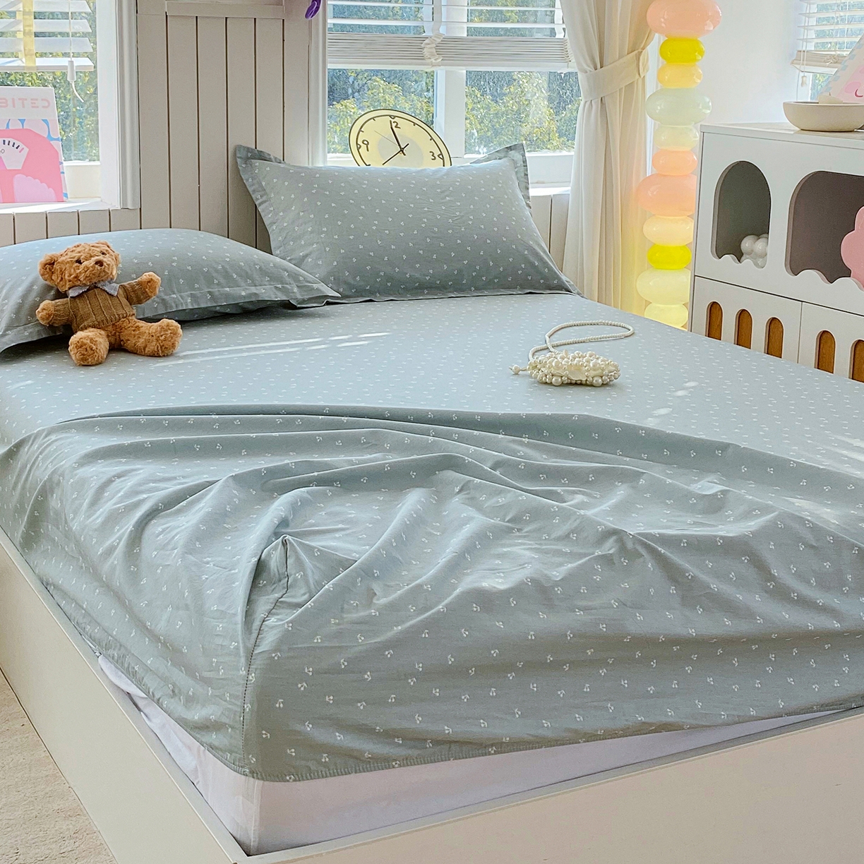 91家纺网 家纺一手货源 找家纺 金丝兔 2026新款纯棉印花单品床笠系列 樱桃-蓝