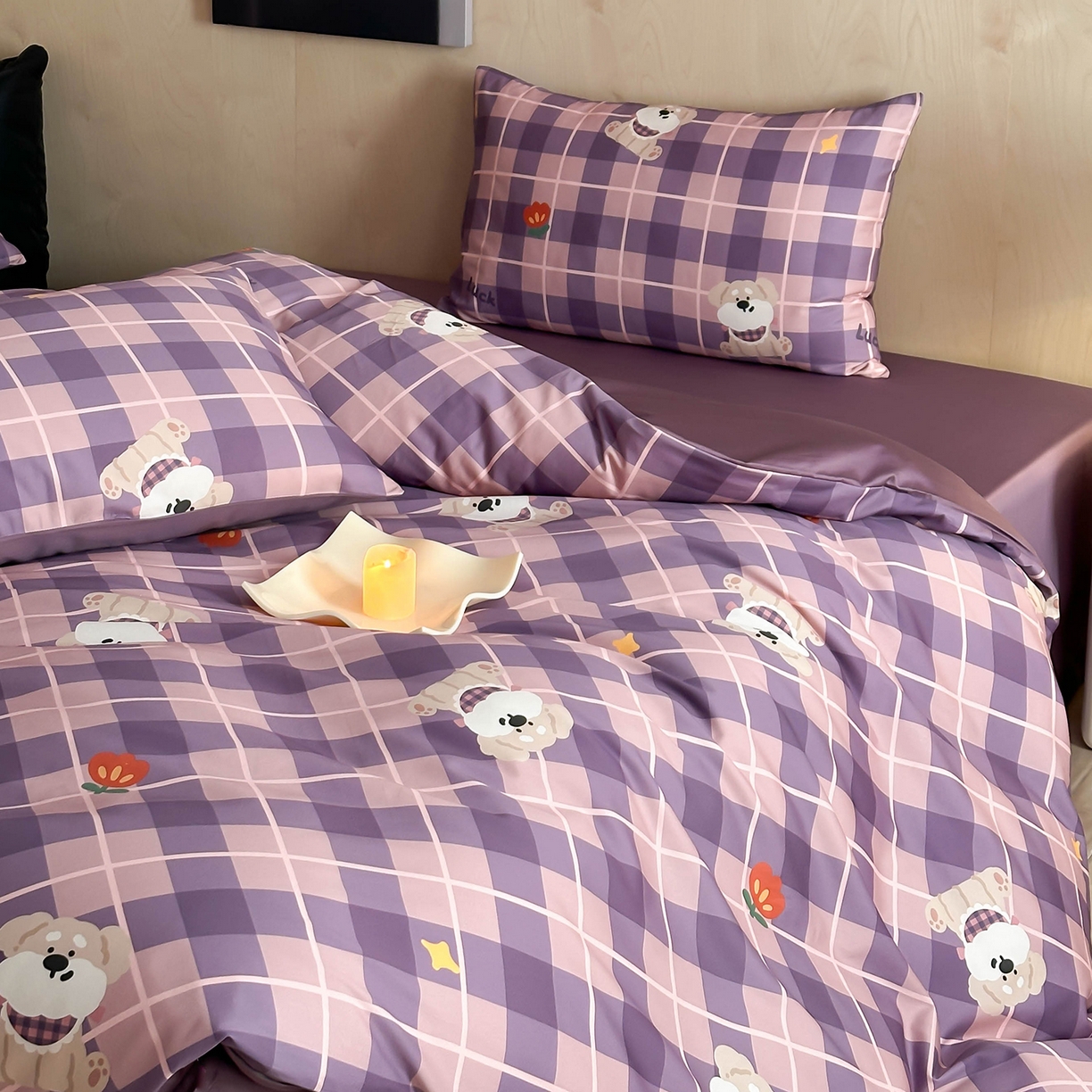 91家纺网 家纺一手货源 找家纺 卧趣家纺 2026新款纯棉四件套高级100Pro全棉贡缎卡通四件套 茶野