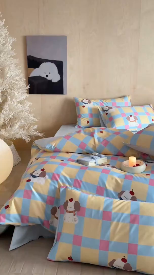 91家纺网 家纺一手货源 找家纺 卧趣家纺 2026新款纯棉四件套高级100Pro全棉贡缎卡通四件套 米拉