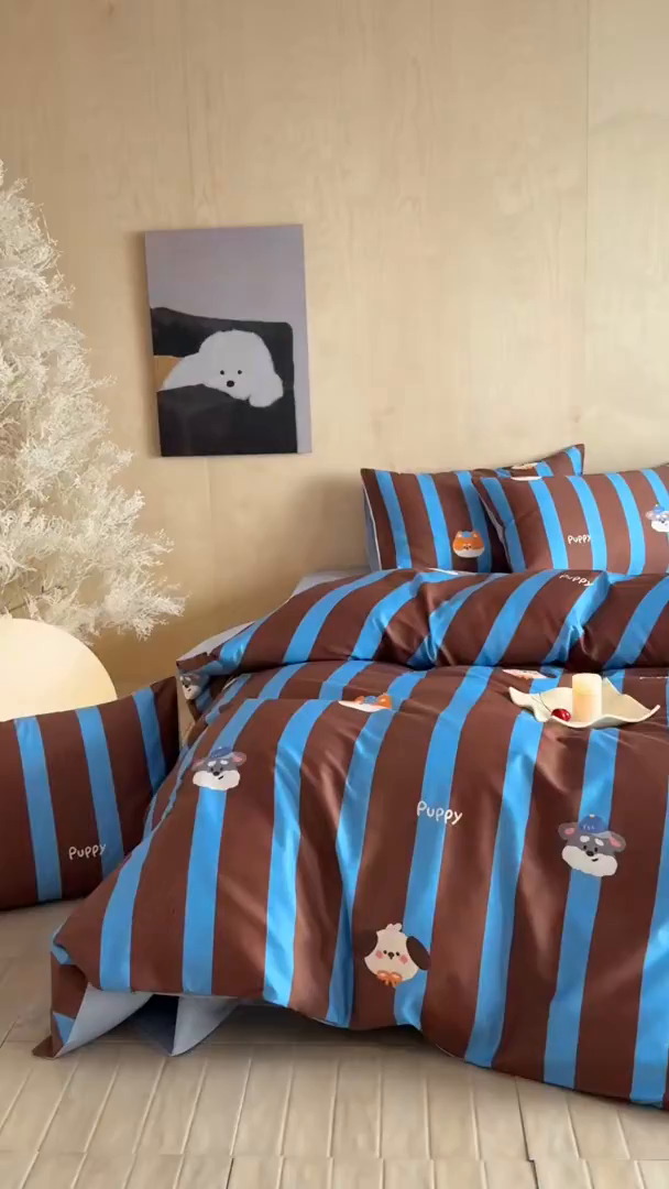 91家纺网 家纺一手货源 找家纺 卧趣家纺 2026新款纯棉四件套高级100Pro全棉贡缎卡通四件套 恬悠