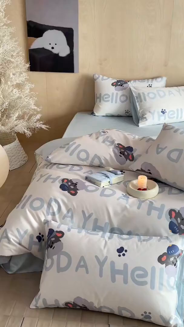 91家纺网 家纺一手货源 找家纺 卧趣家纺 2026新款纯棉四件套高级100Pro全棉贡缎卡通四件套 慕朵