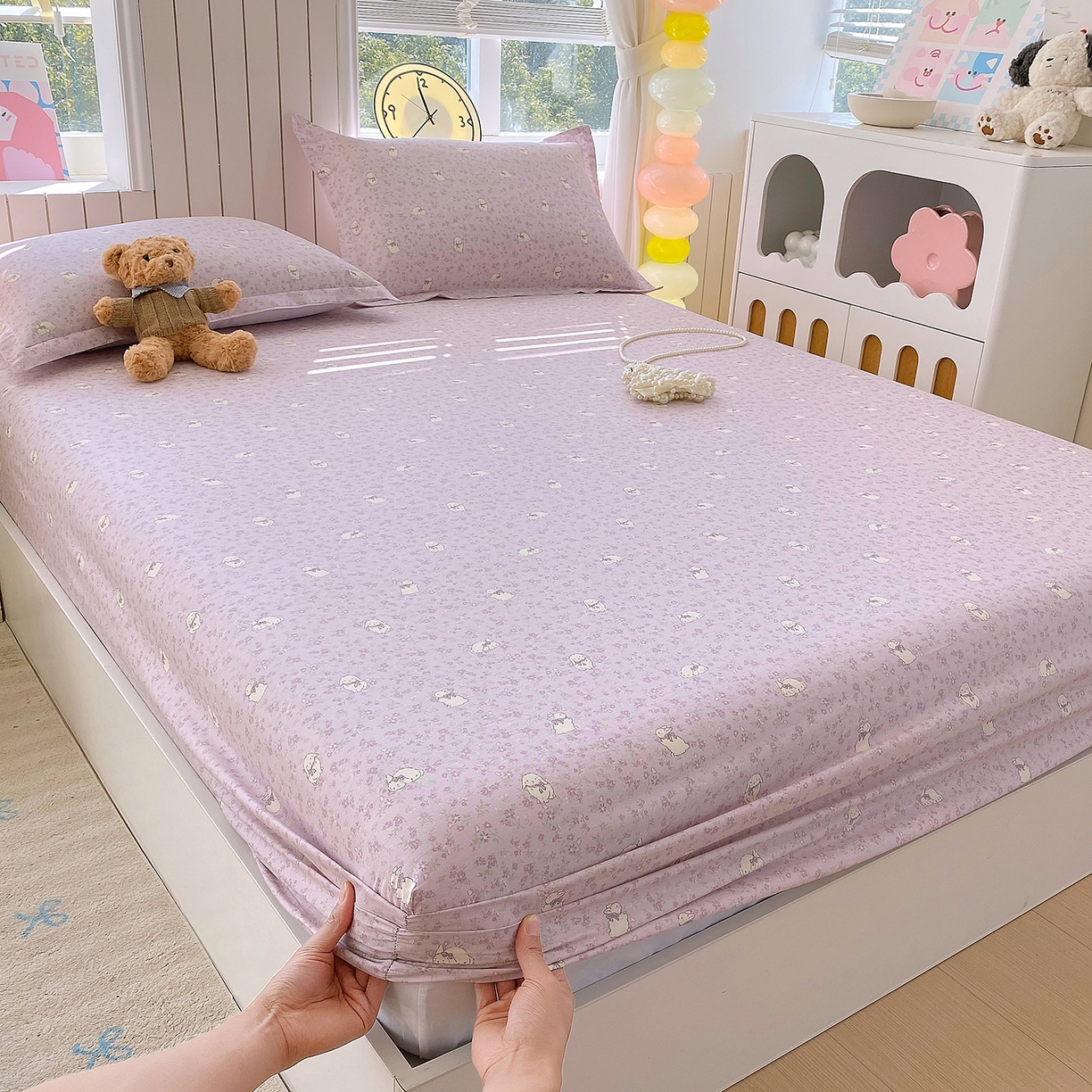 91家纺网 家纺一手货源 找家纺 金丝兔 2026新款纯棉印花单品床笠系列 紫苏