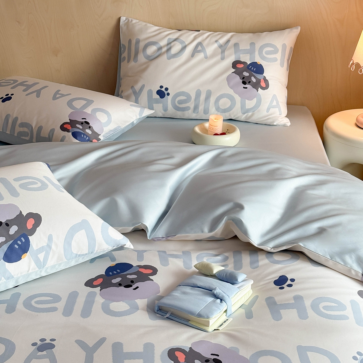 91家纺网 家纺一手货源 找家纺 卧趣家纺 2026新款纯棉四件套高级100Pro全棉贡缎卡通四件套 慕朵