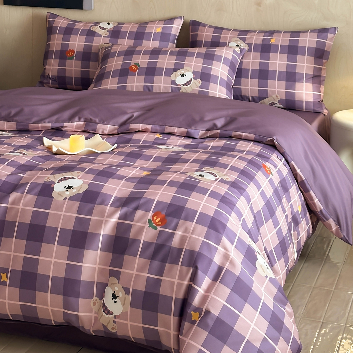 91家纺网 家纺一手货源 找家纺 卧趣家纺 2026新款纯棉四件套高级100Pro全棉贡缎卡通四件套 茶野