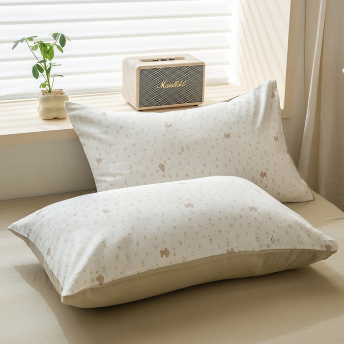 91家纺网 家纺一手货源 找家纺 雯雨家纺 2026新款A类全棉有氧双层纱单枕套 全棉双层纱枕套-田园小熊