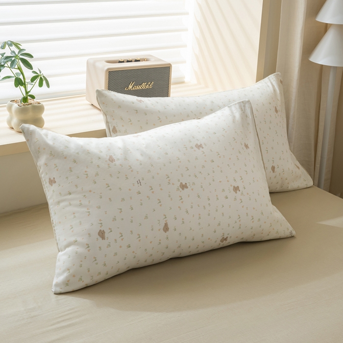 91家纺网 家纺一手货源 找家纺 雯雨家纺 2026新款A类全棉有氧双层纱单枕套 全棉双层纱枕套-田园小熊