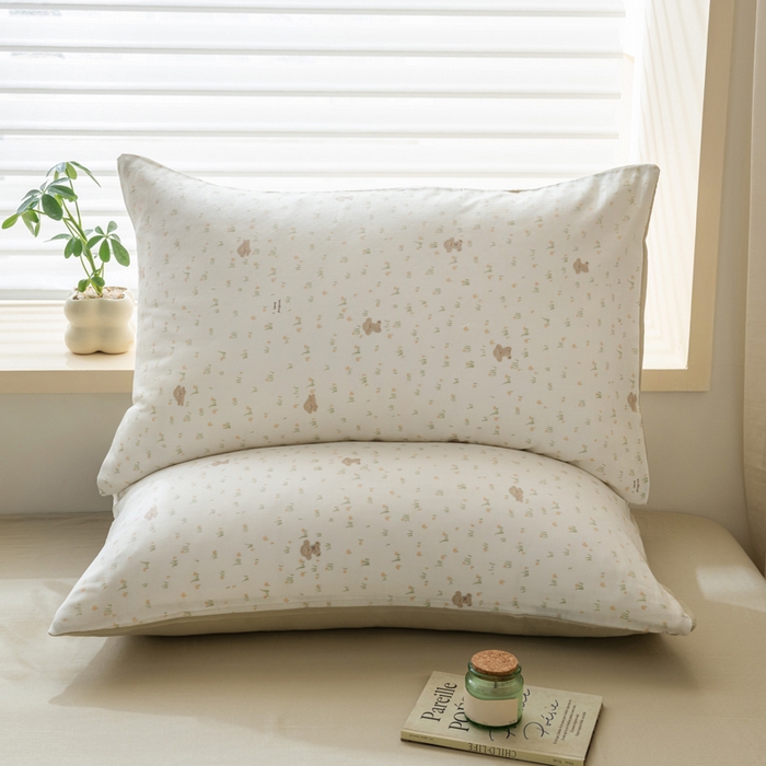 91家纺网 家纺一手货源 找家纺 雯雨家纺 2026新款A类全棉有氧双层纱单枕套 全棉双层纱枕套-田园小熊