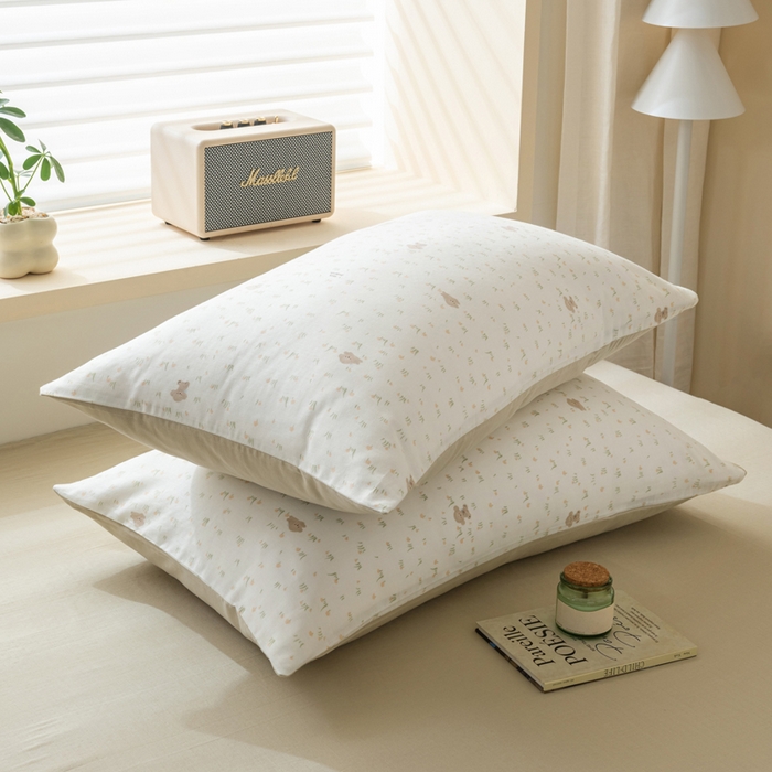 91家纺网 家纺一手货源 找家纺 雯雨家纺 2026新款A类全棉有氧双层纱单枕套 全棉双层纱枕套-田园小熊