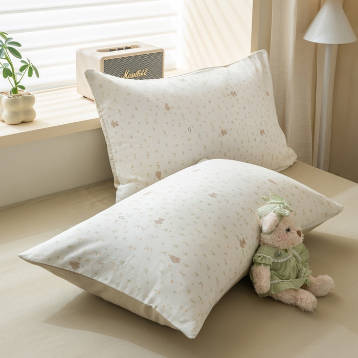 91家纺网 家纺一手货源 找家纺 雯雨家纺 2026新款A类全棉有氧双层纱单枕套 全棉双层纱枕套-田园小熊