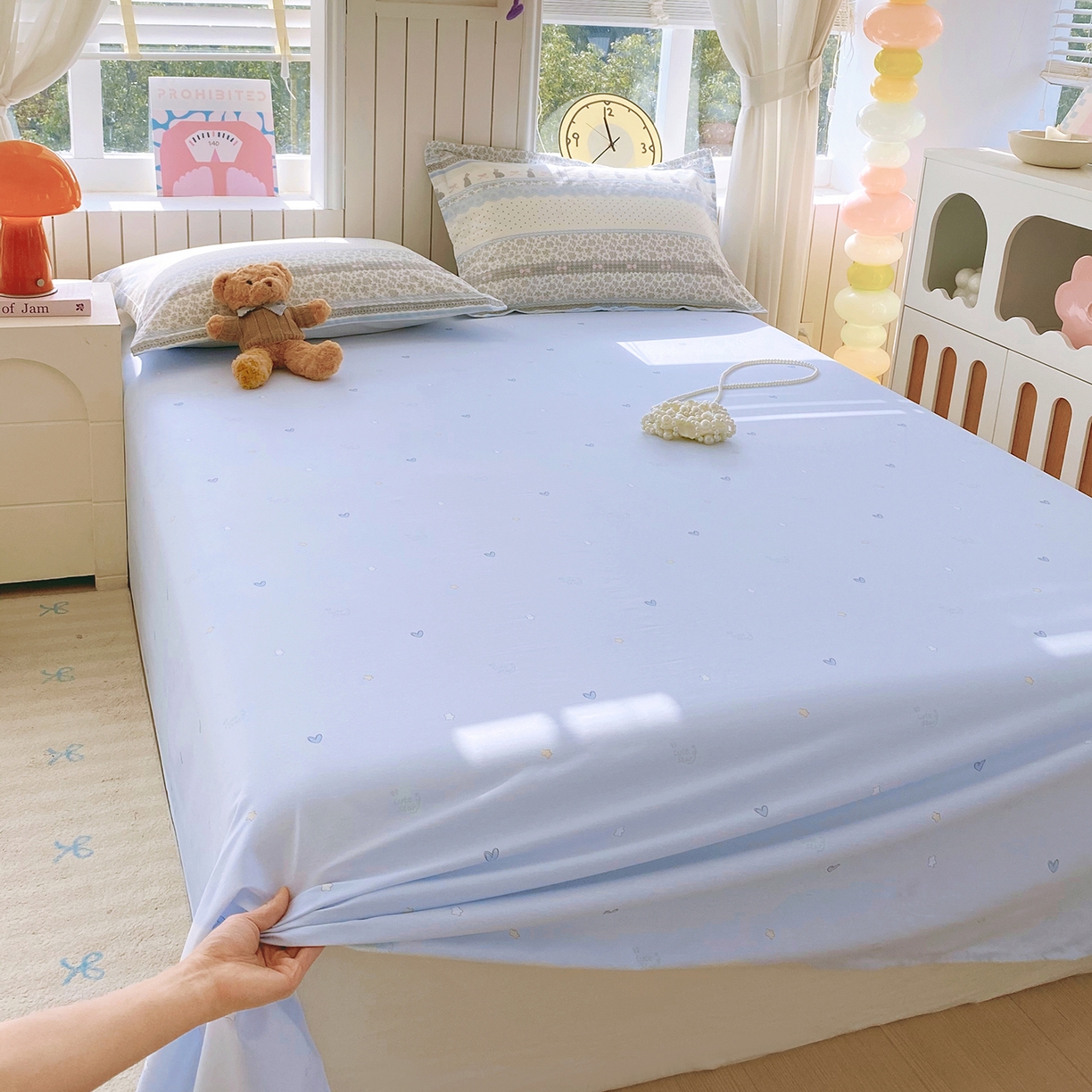 91家纺网 家纺一手货源 找家纺 金丝兔 2026新款纯棉印花单品床单系列 爱心蓝