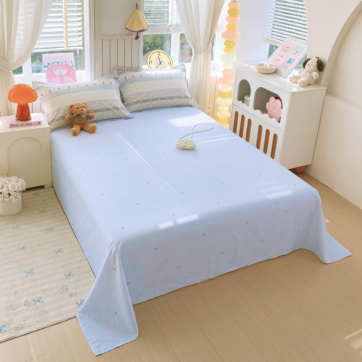 91家纺网 家纺一手货源 找家纺 金丝兔 2026新款纯棉印花单品床单系列 爱心蓝