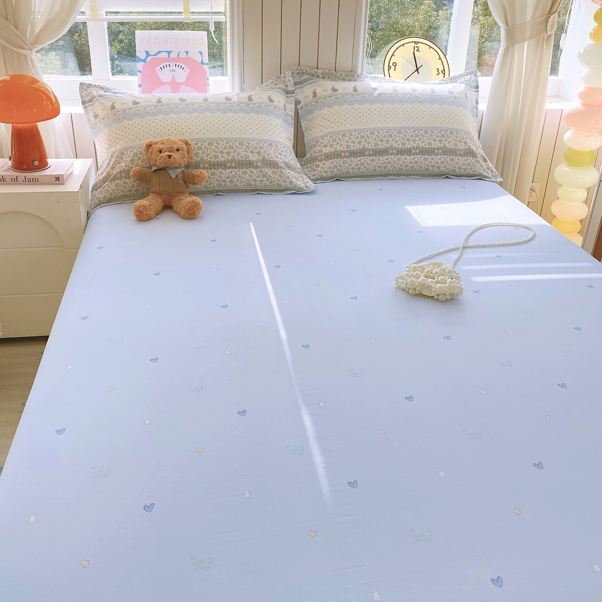 91家纺网 家纺一手货源 找家纺 金丝兔 2026新款纯棉印花单品床单系列 爱心蓝