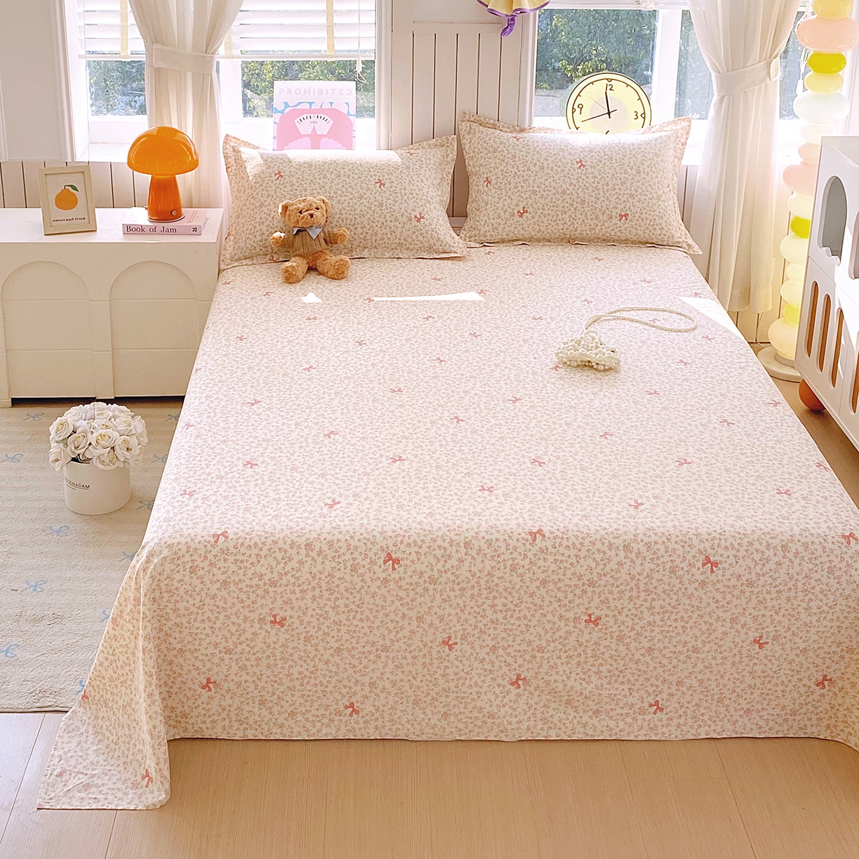 91家纺网 家纺一手货源 找家纺 金丝兔 2026新款纯棉印花单品床单系列 粉蕊蝶