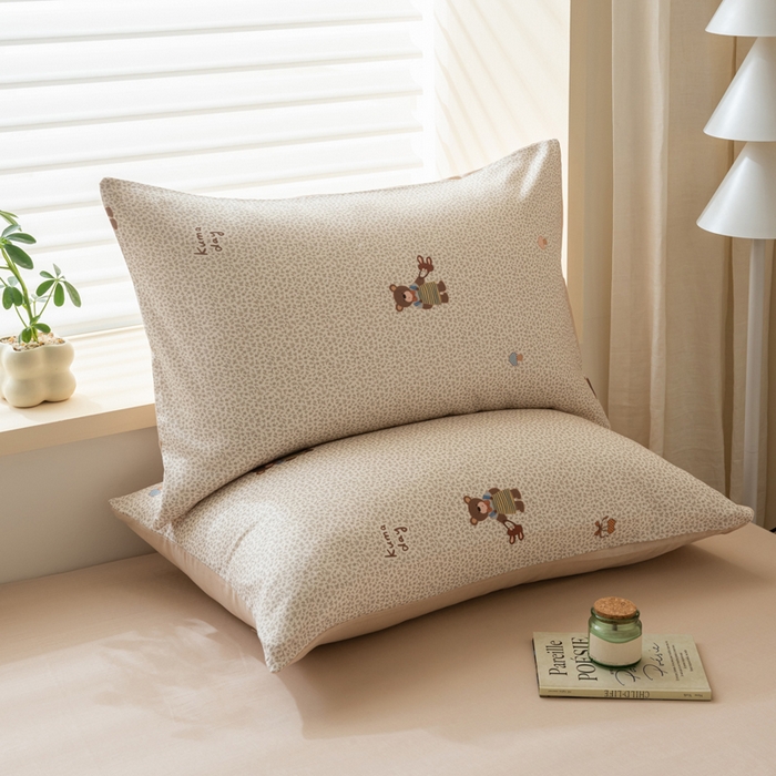 雯雨家纺 2026新款A类全棉有氧双层纱单枕套 全棉双层纱枕套-朱迪熊-米