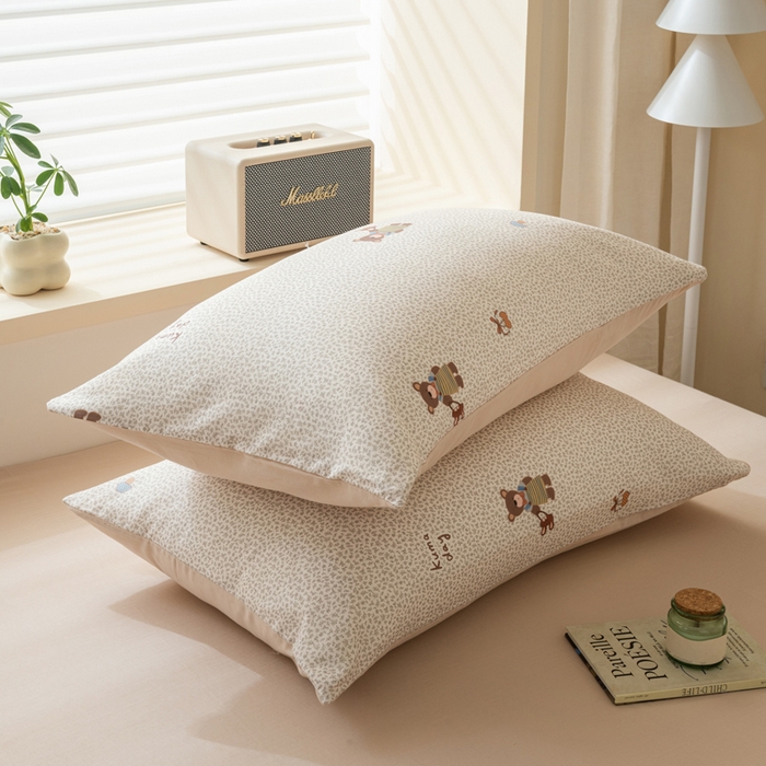 91家纺网 家纺一手货源 找家纺 雯雨家纺 2026新款A类全棉有氧双层纱单枕套 全棉双层纱枕套-朱迪熊-米