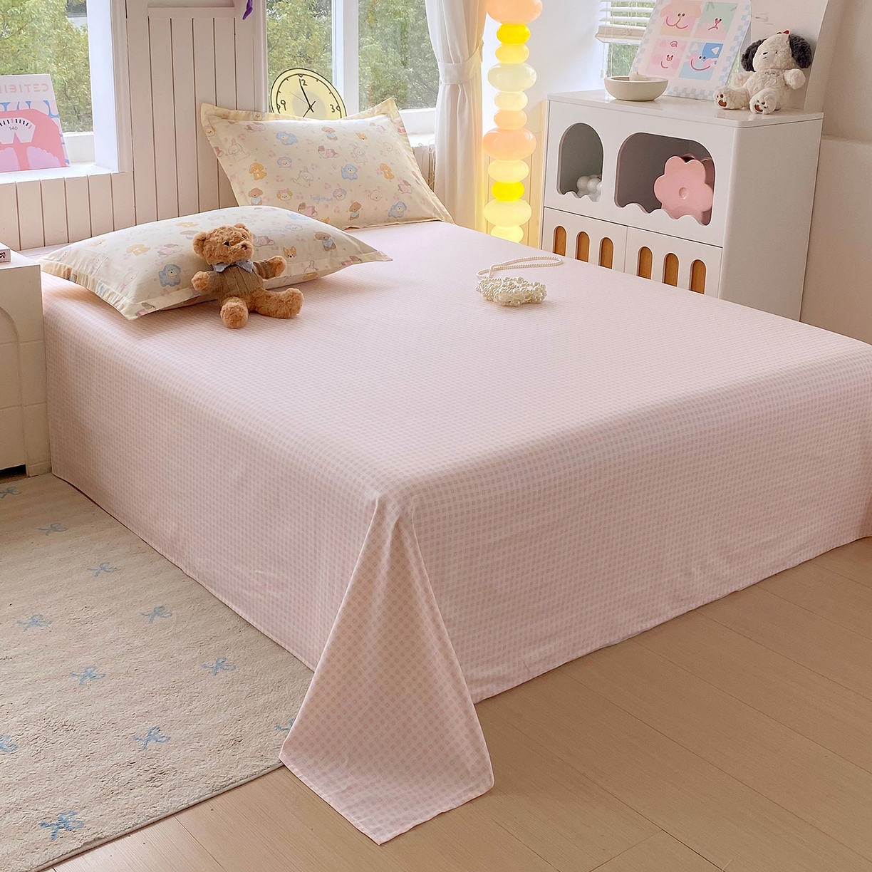 91家纺网 家纺一手货源 找家纺 金丝兔 2026新款纯棉印花单品床单系列 粉小格