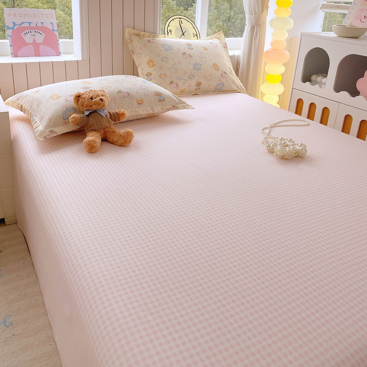 91家纺网 家纺一手货源 找家纺 金丝兔 2026新款纯棉印花单品床单系列 粉小格