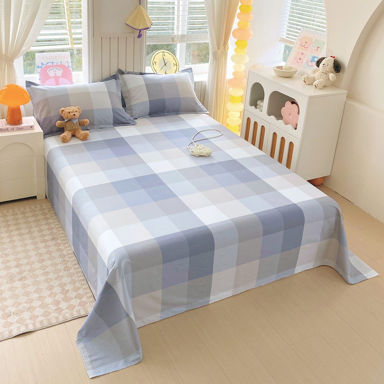 91家纺网 家纺一手货源 找家纺 金丝兔 2026新款纯棉印花单品床单系列 格韵-灰