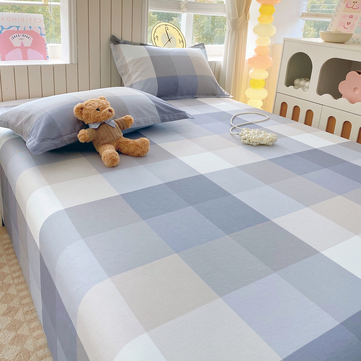 91家纺网 家纺一手货源 找家纺 金丝兔 2026新款纯棉印花单品床单系列 格韵-灰