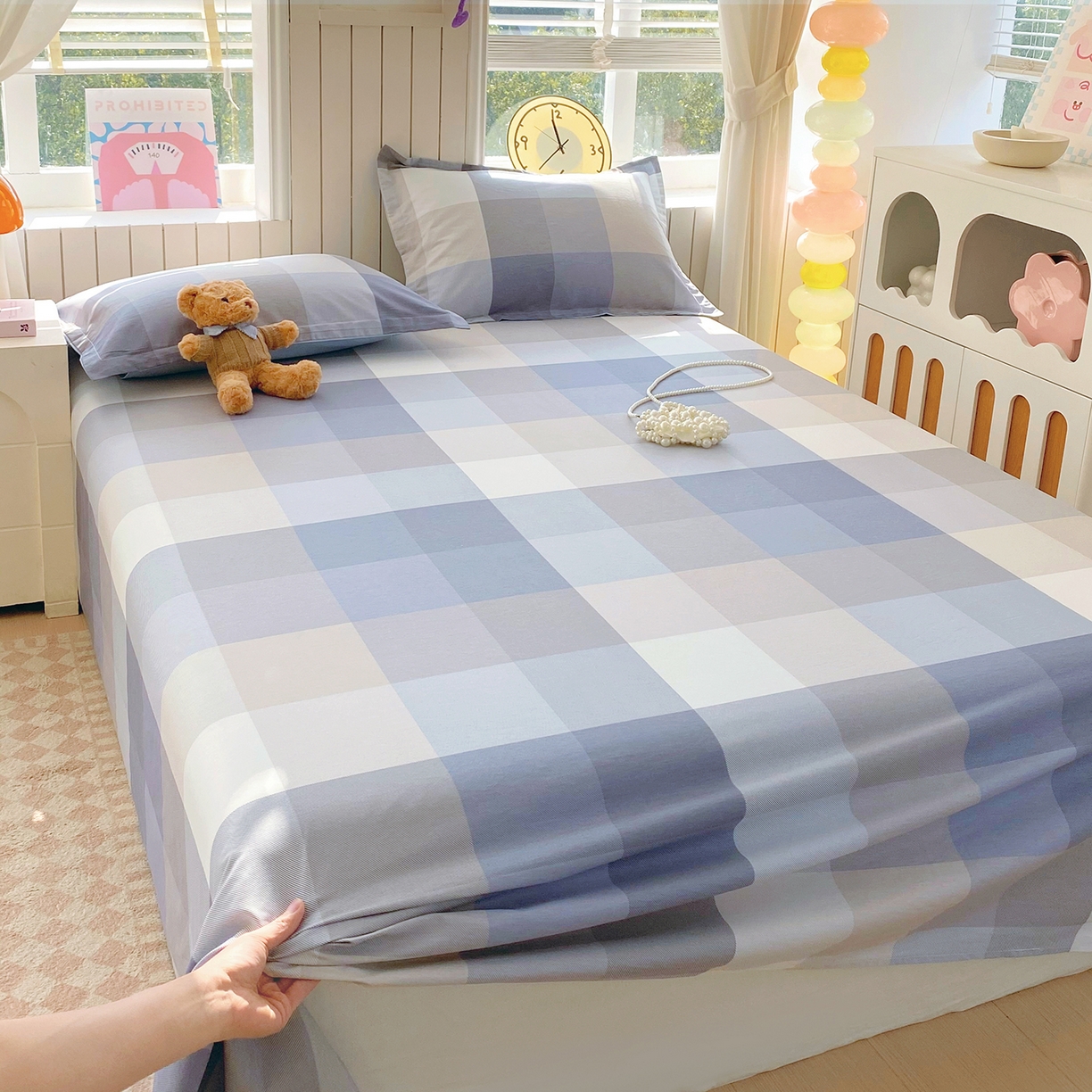 91家纺网 家纺一手货源 找家纺 金丝兔 2026新款纯棉印花单品床单系列 格韵-灰